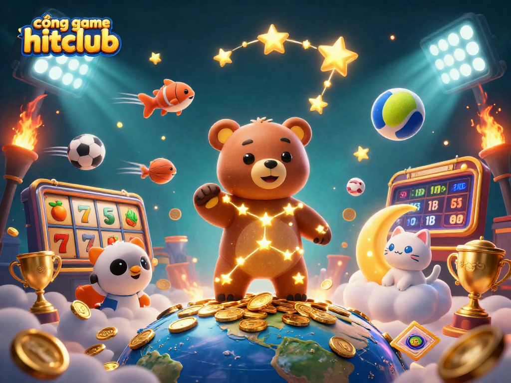 Engage with the captivating cổng game hitclub, as a starry bear collects coins amidst a vibrant gaming scene featuring slots.