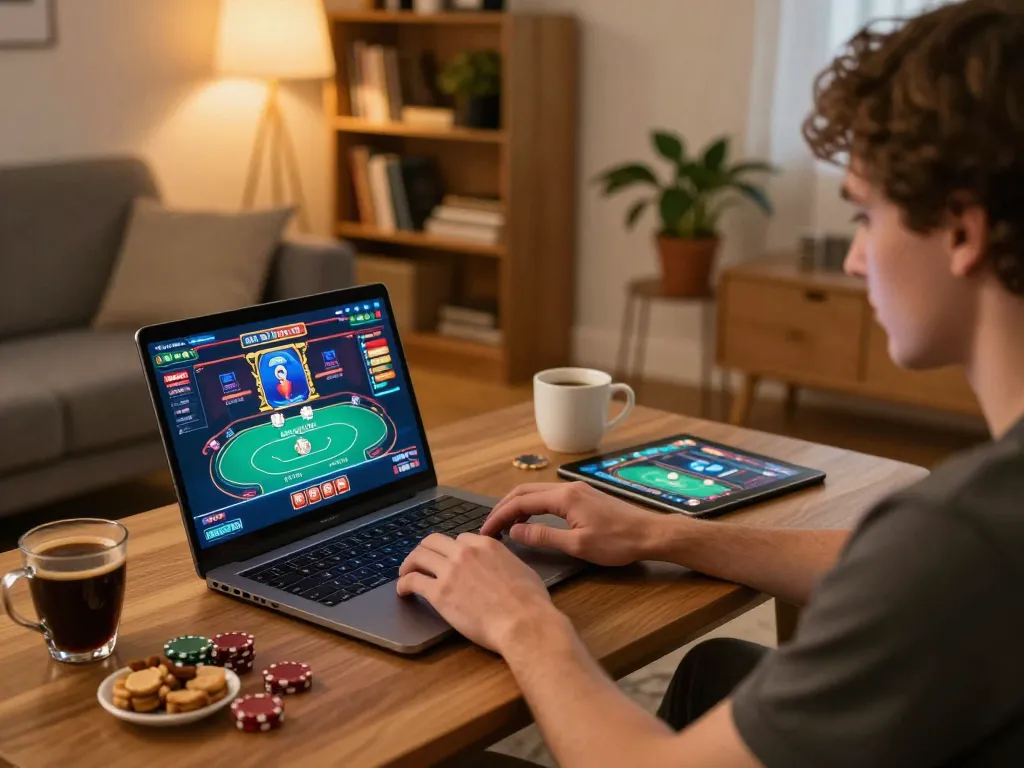 Engaged player enjoying online casino experience at https://lc88.it.com/ with laptop and tablet in cozy atmosphere