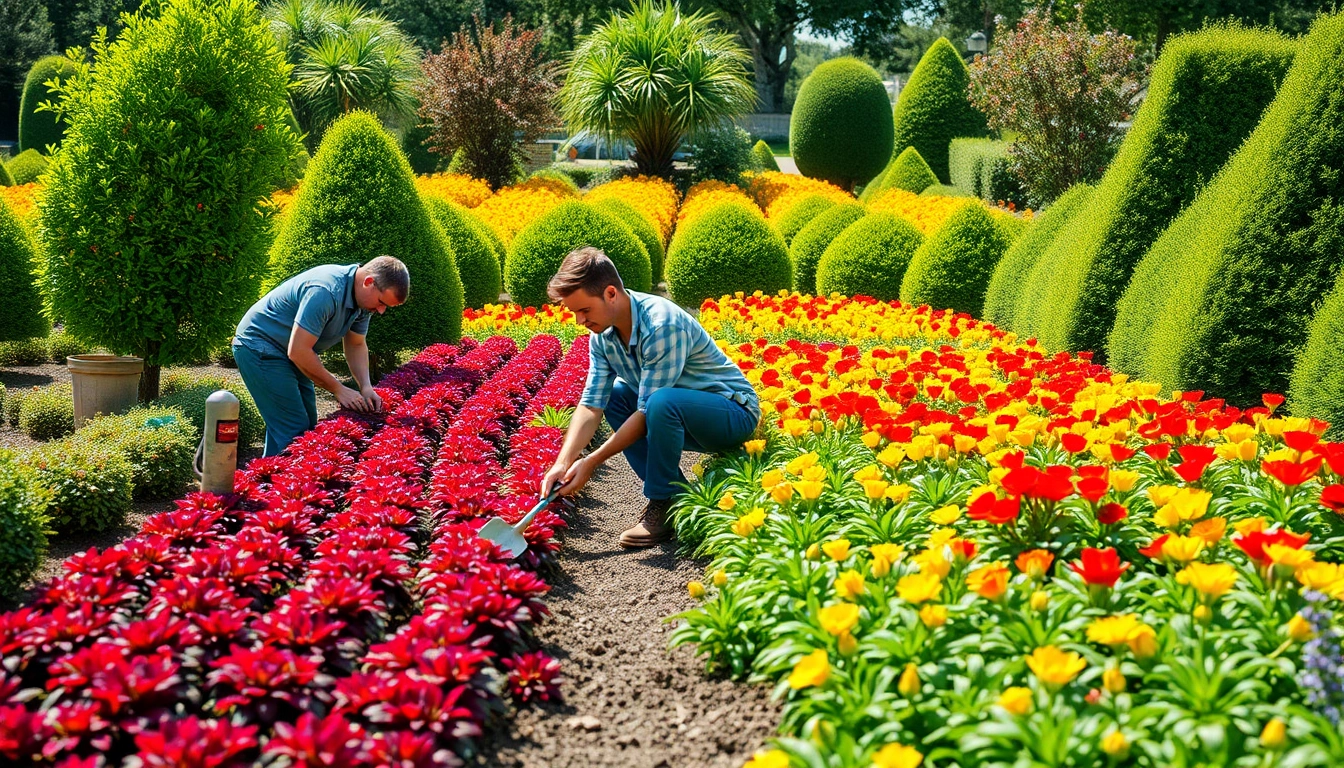 Galabauer arbeiten in einem lebhaften Garten mit blühenden Pflanzen und Werkzeugen.