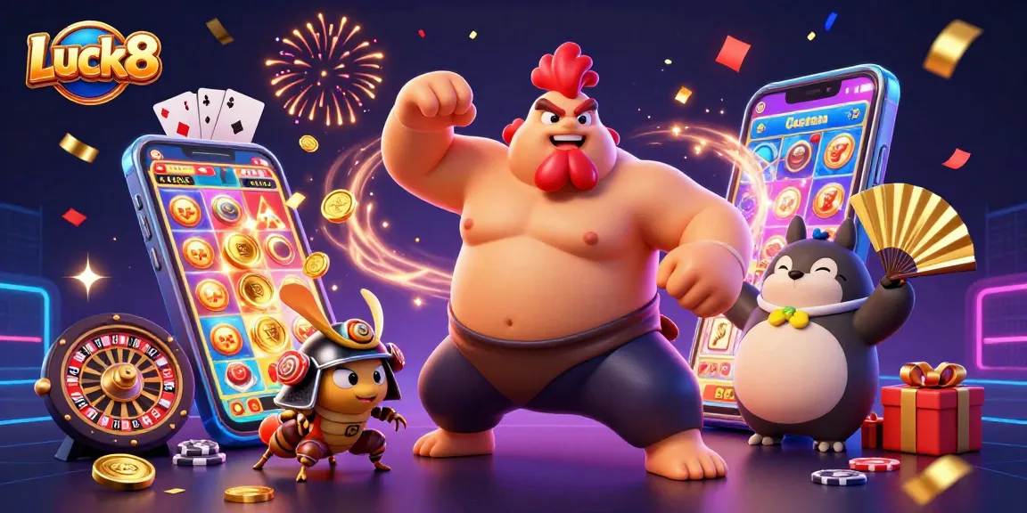 Experience thrilling gameplay at Luck8 with an engaging scene of a sumo wrestler and samurai cricket at a vibrant casino.