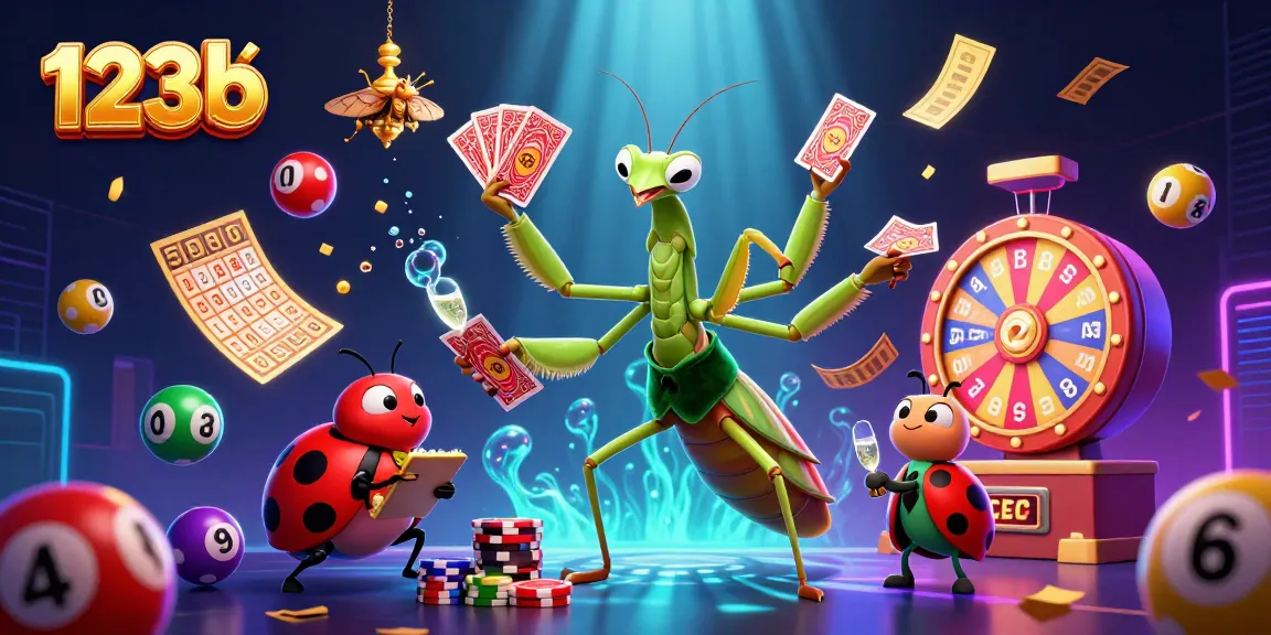 Engage with 123b's vibrant casino adventure featuring a giant mantis and ladybug boss amidst colorful lottery elements.