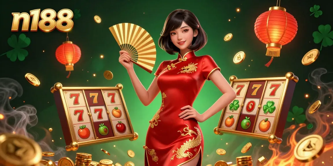 Spin the reels at n188, the vibrant online casino featuring an enchanting woman amidst shimmering gold coins and slot symbols.
